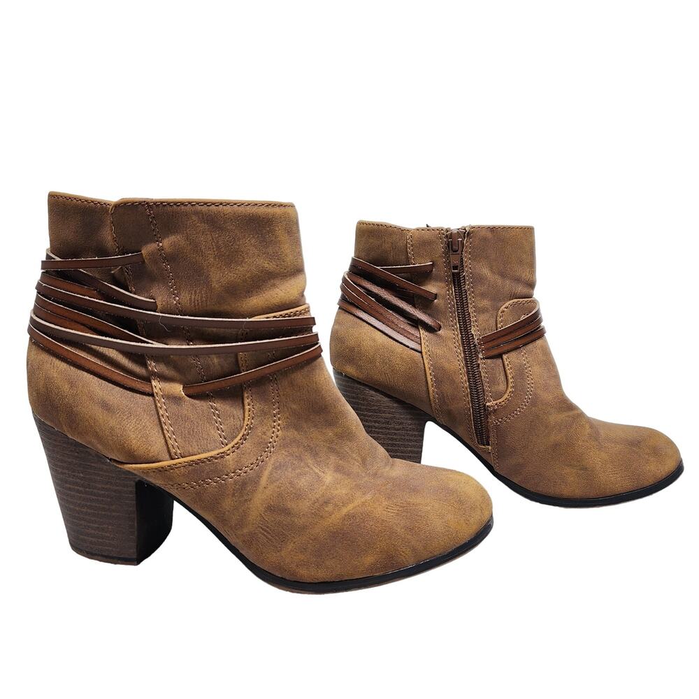 Big Buddha Chelsea Cognac Strappy Distressed Ankle Bootie Size 9